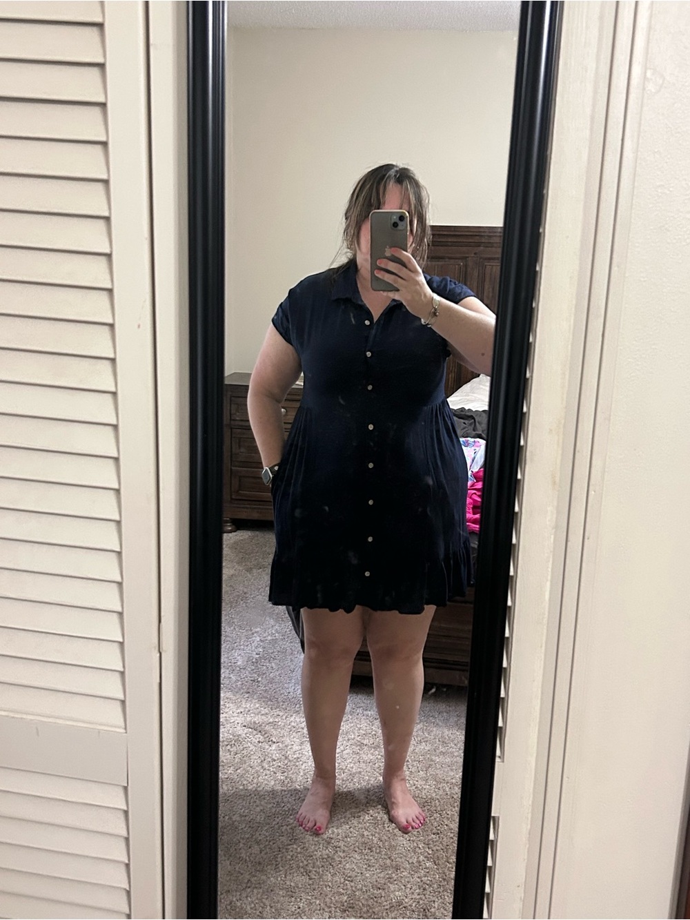 Button-Front Navy Short Sleeve Dress